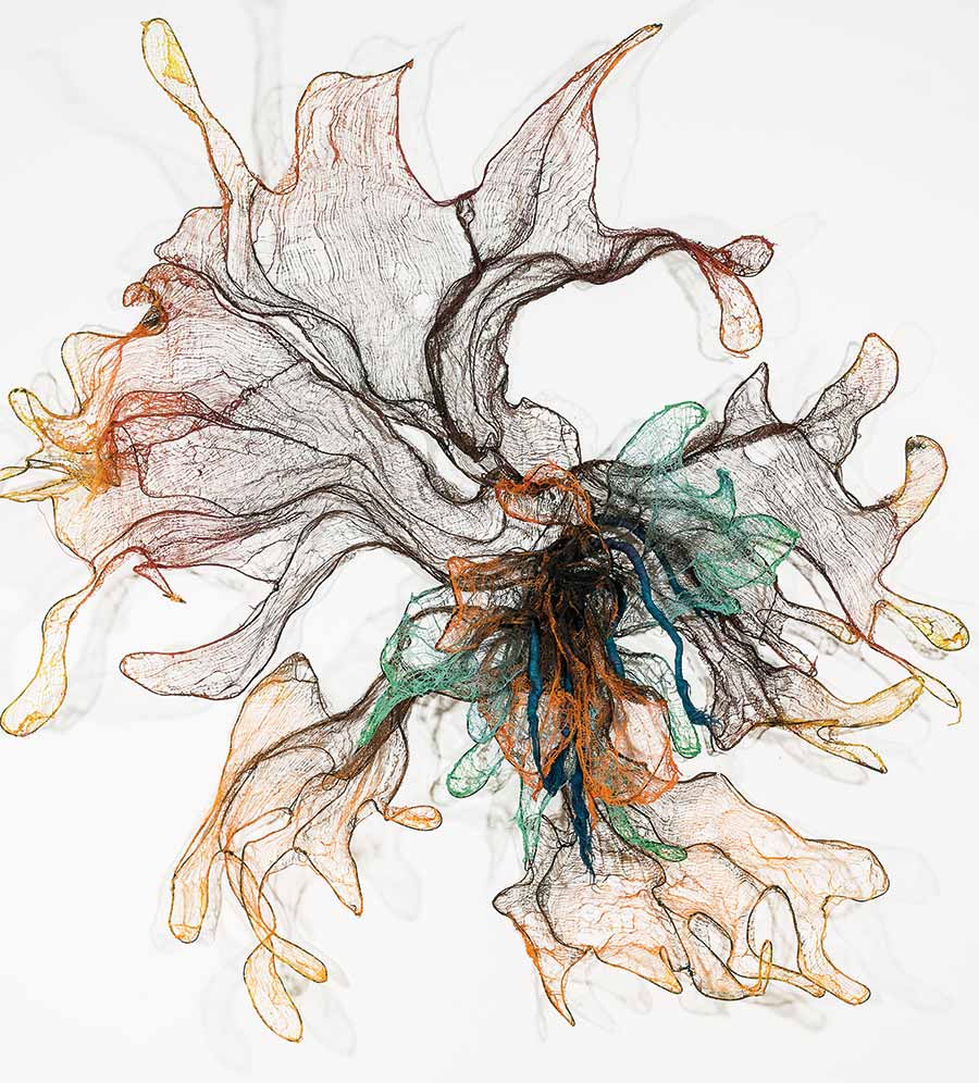 Nnenna Okore, Here and Now, 2017. Cheesecloth, jute string, dye and wire, 209 x 203 x 33 cm. 