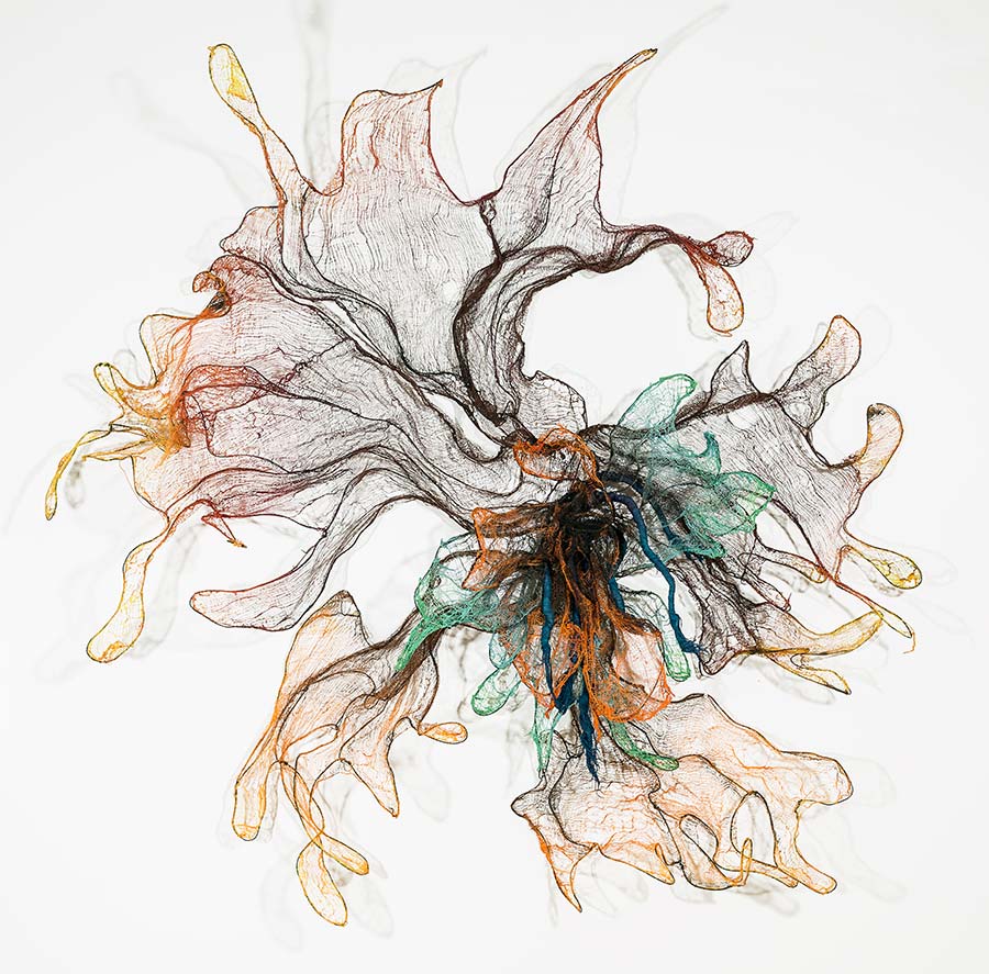 Nnenna Okore, Here and Now, 2017. Cheesecloth, jute string, dye and wire, 209 x 203 x 33 cm. 