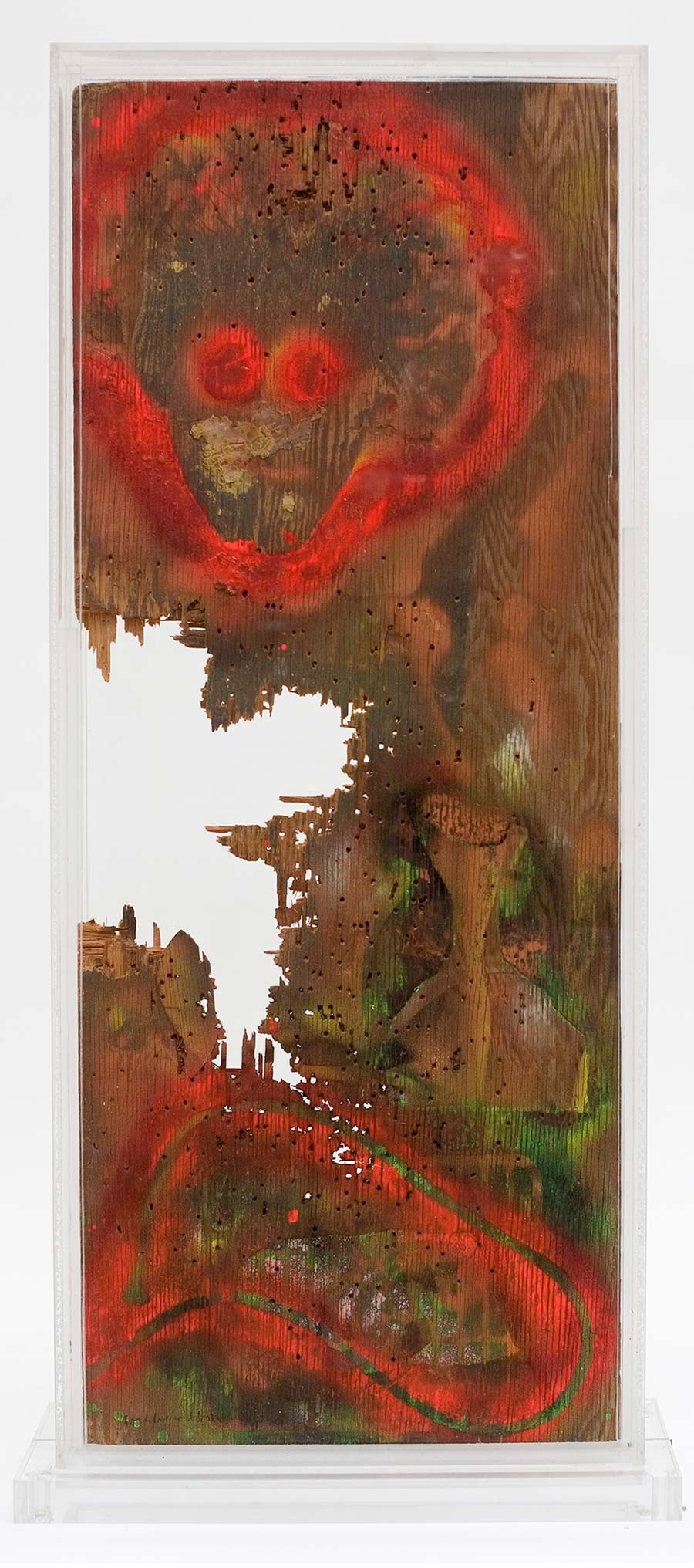 William S. Burroughs, Ten Gauge City, 1988.House paint on wood panel with gunshot holes in a plexi-glass case, 102 x 46 x 18 cm. 