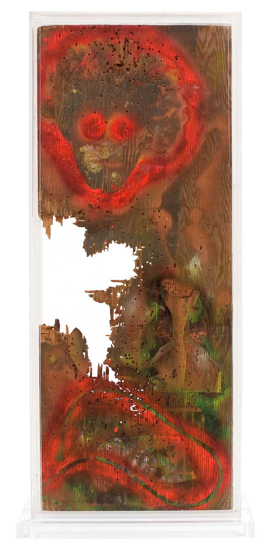 William S. Burroughs, Ten Gauge City, 1988. House paint on wood panel with gunshot holes in a plexi-glass case, 102 x 46 x 18 cm. 