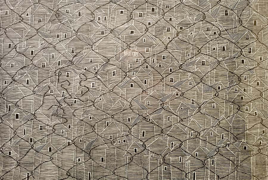 Xu Zhongmin, The Net, 2004. Silver Leaf on Wood Panels, 45.5 x 66.5 cm. 