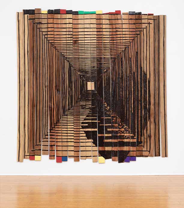 El Anatsui, Passage of Time, 2023. Tropical hardwood and tempera, 244 x 244 cm. Photos: Jonathan Greet