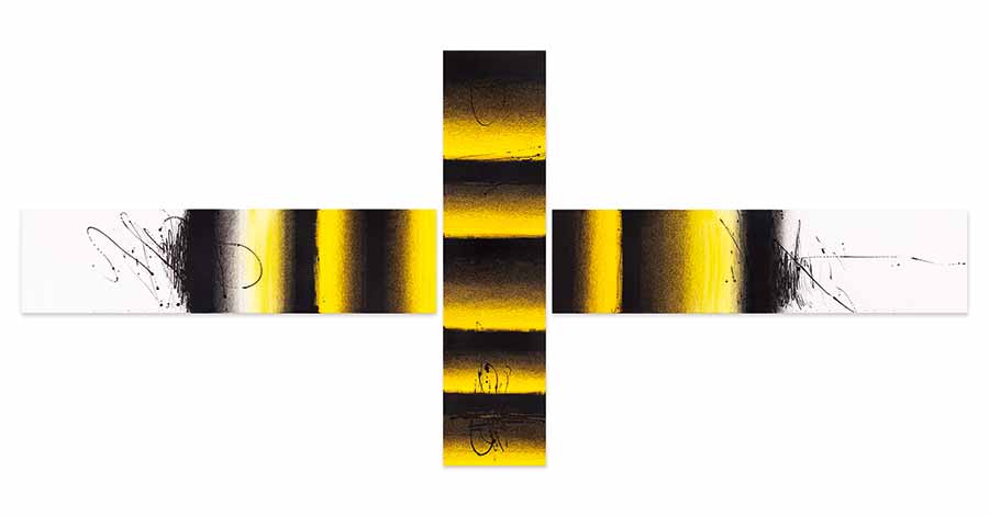 Golnaz Fathi, Untitled (34), 2014. Triptych - Acrylic, pen, and varnish on canvas, 180 x 405 x 5 cm. 