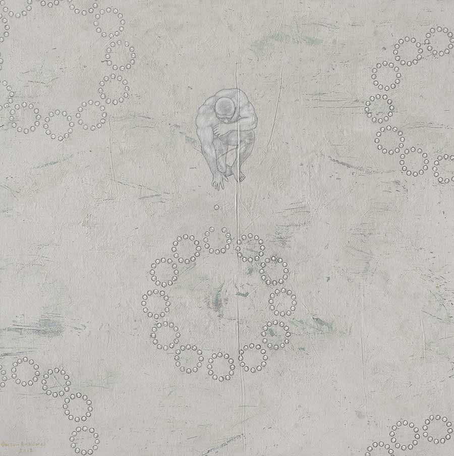 <strong>Owusu-Ankomah, </strong><em> Microcron Begins No. 1</em>, 2012. <br>Acrylic and oil on canvas, 140 x 139 cm.