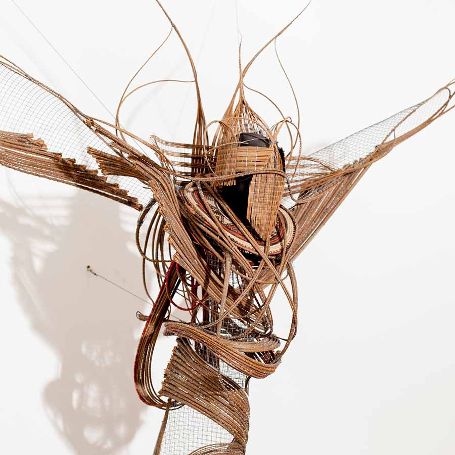 Adejoke Tugbiyele, Flight To Revelation, 2011. Palm stems, steel wire, trivet and mannequin head, 183 x 152 x 82 cm.
