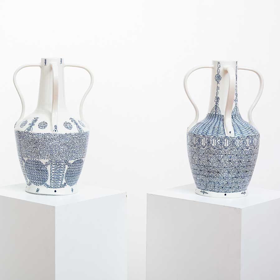 Rachid Koraïchi, from the series Lachrymatoires Bleues - Blue Lachrymatory Vases, 2020. Ceramic with cobalt oxide glaze, 51 x 32 x 32 cm each.