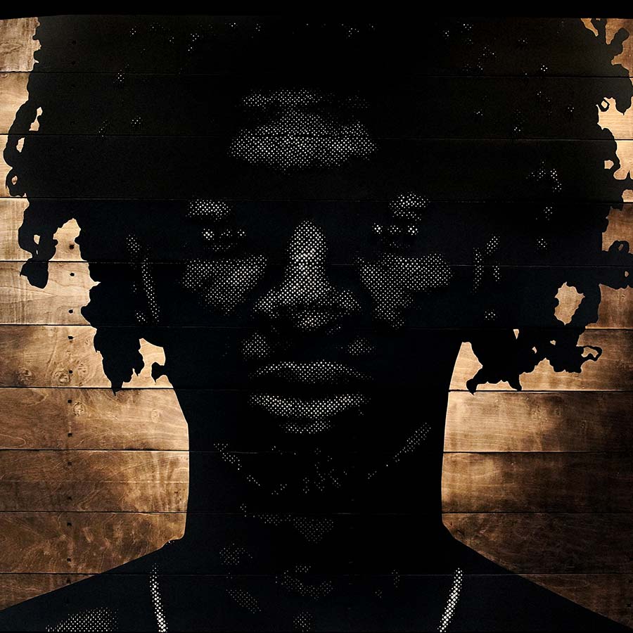 Alexis Peskine, Constellation (detail), 2019. Moon gold leaf on nails, earth, water, coffee and archival varnish on wood, 152 x 259 x 31 cm.