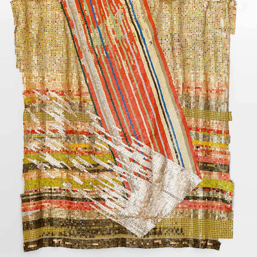 El Anatsui, Change in Fortune (detail), 2018. Aluminium and copper wire, 294 x 290 cm.