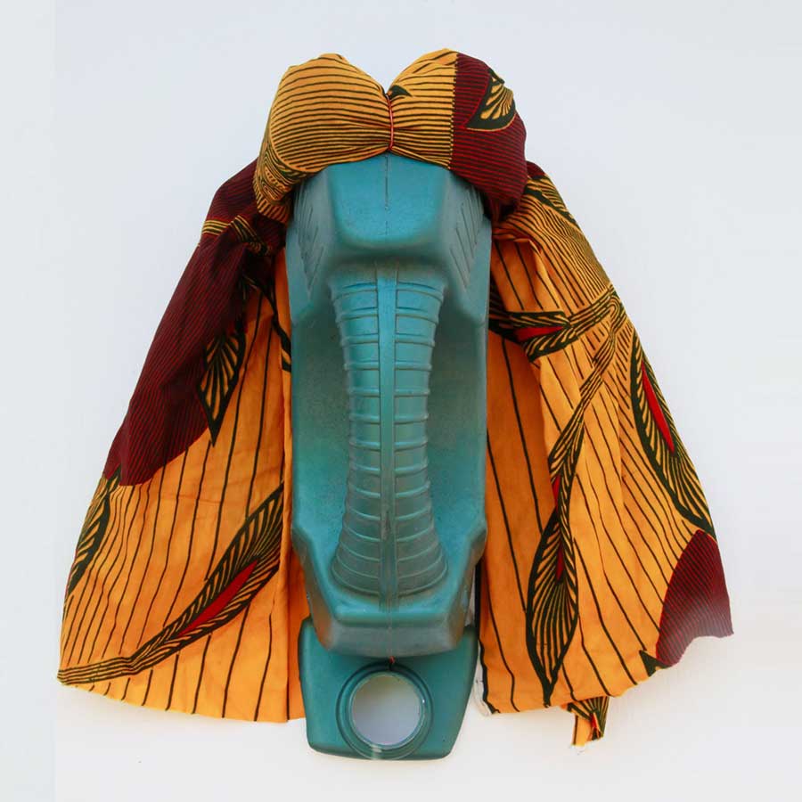 Romuald Hazoumè, Mariama, 2019. Plastic, fabric and copper, 41 x 37.5 x 18.5 cm.