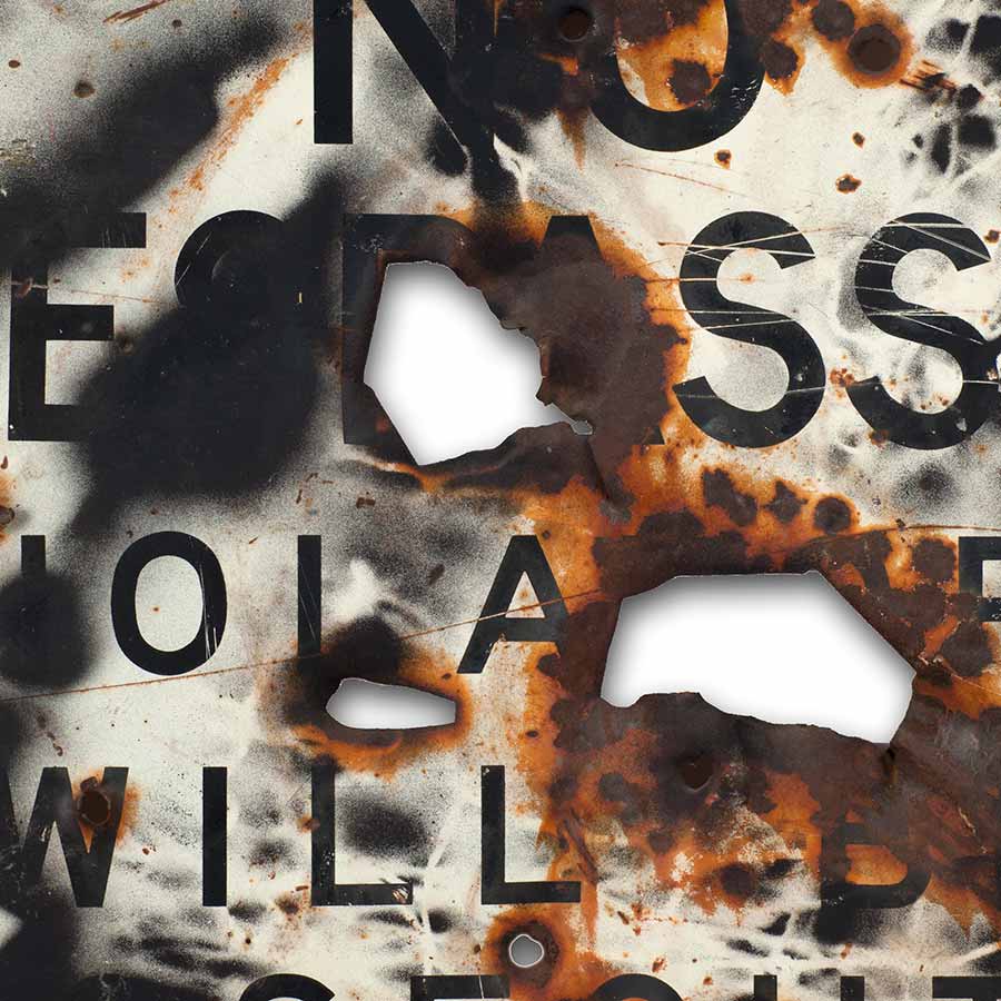 William S. Burroughs, Untitled (NO TRESPASSING sign), ca. 1988. Spray paint and gunshots on metal sign, 36 x 55.5 cm.