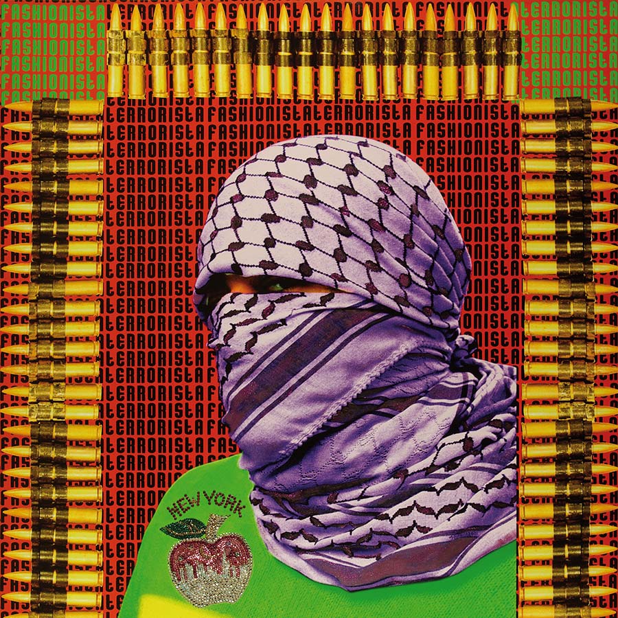 Laila Shawa, Fashionista Terrorista II, 2011. Mixed media with Swarovsky beads on canvas, 130 x 100 cm. Ed. of 2. (From The Walls of Gaza III series.)