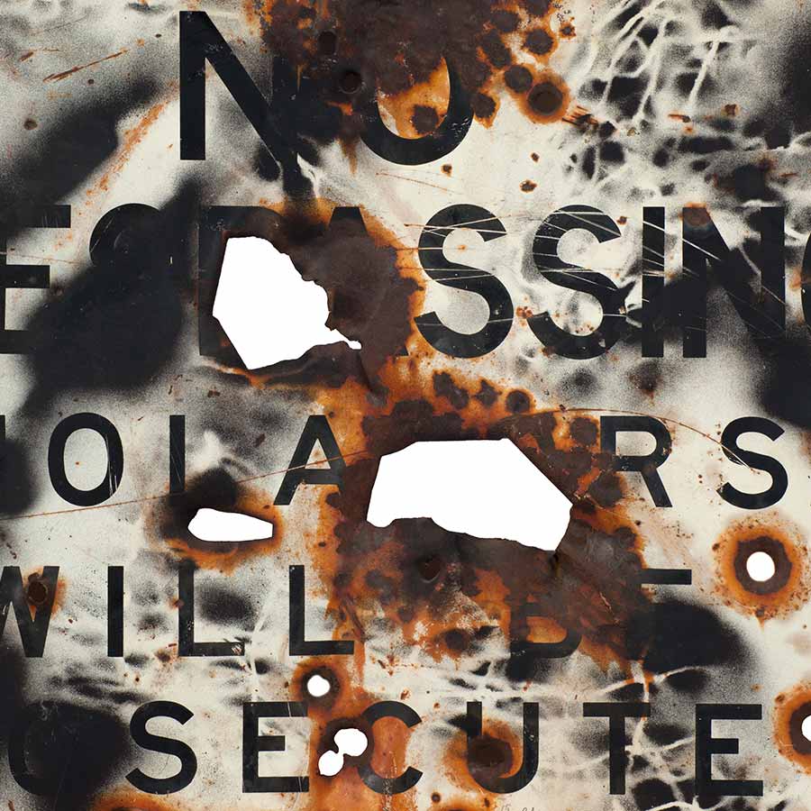 Williams S. Burroughs, Untitled, ca. 1988. Spray paint and gunshots on metal sign, 36 x 50.5 cm.
